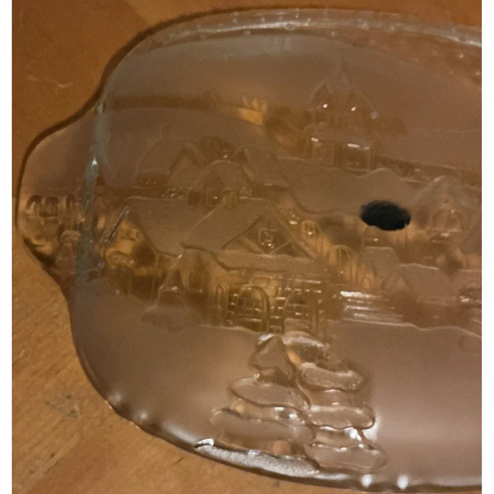 Vintage Crystal‎ Clear Studios Glass Serving Platter Winter Village Scene
